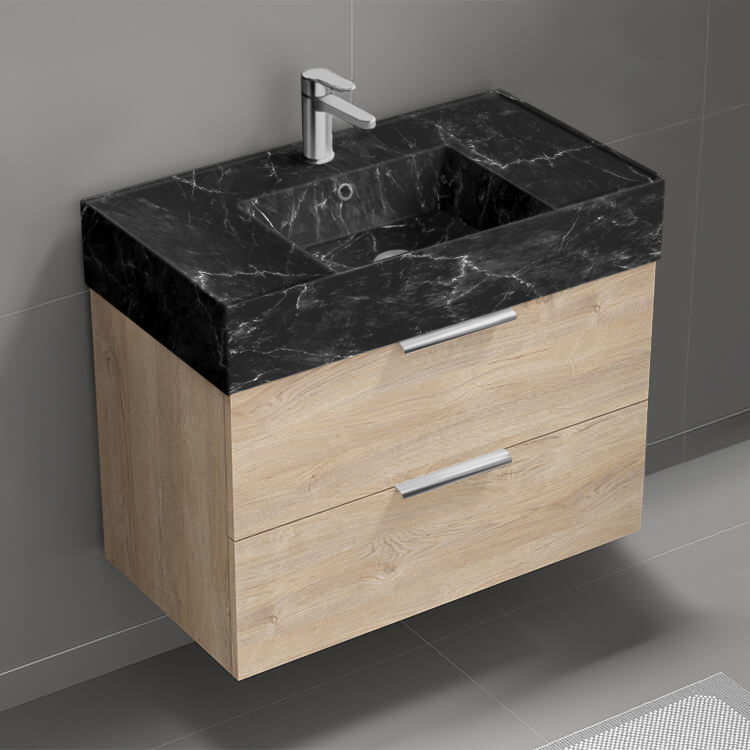 Nameeks DERIN884 Modern Bathroom Vanity With Black Marble Design Sink, Wall Mounted, Single, 32 Inch, Brown Oak